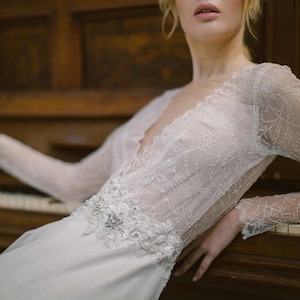 Ivory lace wedding dress // Silent Waterfall / Tulle bridal gown, V-neckline, hand embroidery, deep open back, mermaid skirt, long train image 10