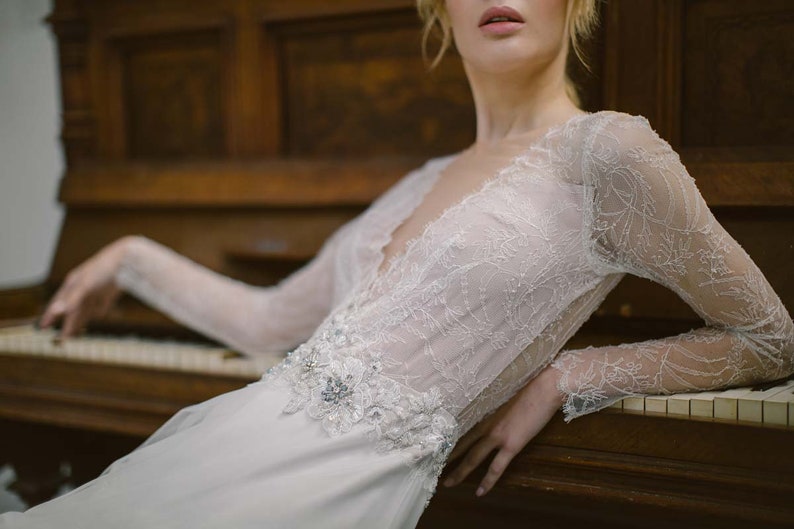 Ivory lace wedding dress // Silent Waterfall / Tulle bridal gown, V-neckline, hand embroidery, deep open back, mermaid skirt, long train image 10