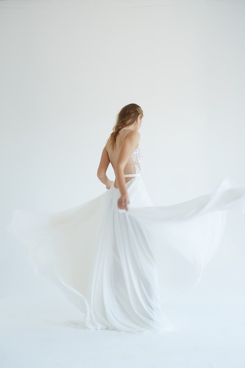 Lace and silk wedding dress// January/ silk wedding dress, ivory lace bridal gown, open back wedding dress, modern wedding dress, halterneck image 6