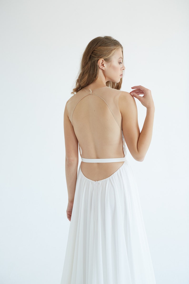 Lace and silk wedding dress// January/ silk wedding dress, ivory lace bridal gown, open back wedding dress, modern wedding dress, halterneck image 7