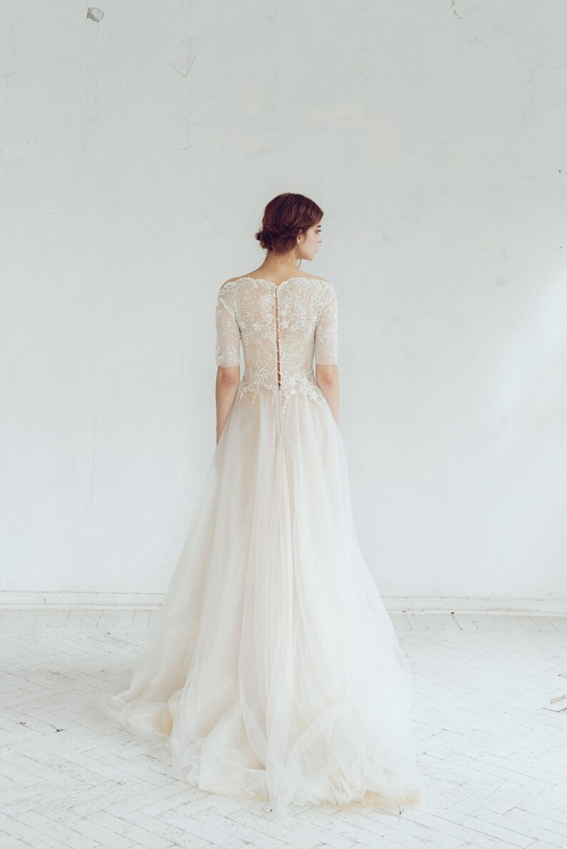 Lace wedding dress // Thalia / Tulle wedding gown, boat neckline wedding dress, modest bridal gown, buttons on back, classic wedding image 7