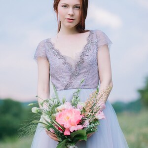 Tulle wedding dress // Lavanda / Lace wedding dress, cup sleeves bridal gown, alternative wedding, bohemian wedding gown, V neck dress image 3