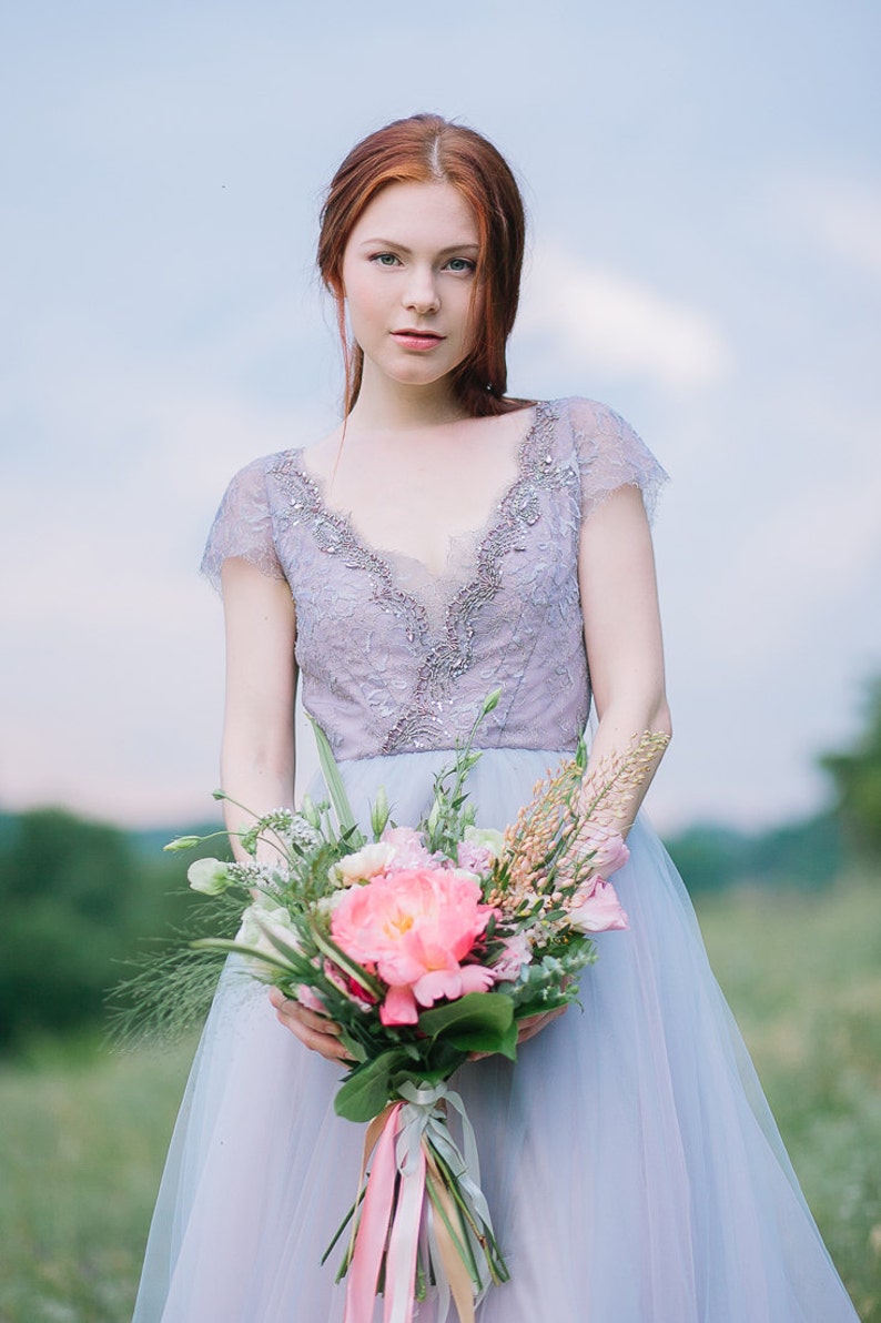 Tulle wedding dress // Lavanda / Lace wedding dress, cup sleeves bridal gown, alternative wedding, bohemian wedding gown, V neck dress image 3