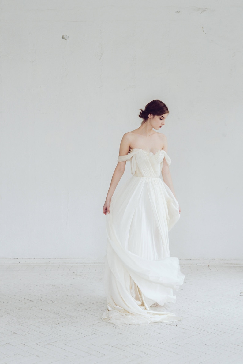 Off-shoulder wedding dress // Aura / Silk wedding gown, ivory bridal gown, slit dress, sweetheart corset wedding dress, bohemian wedding image 2