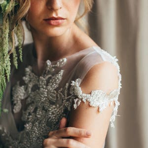 Boho wedding dress / Felicia / Tulle wedding gown, open back wedding dress, illusion neckline bridal dress, pearl embroidery gown