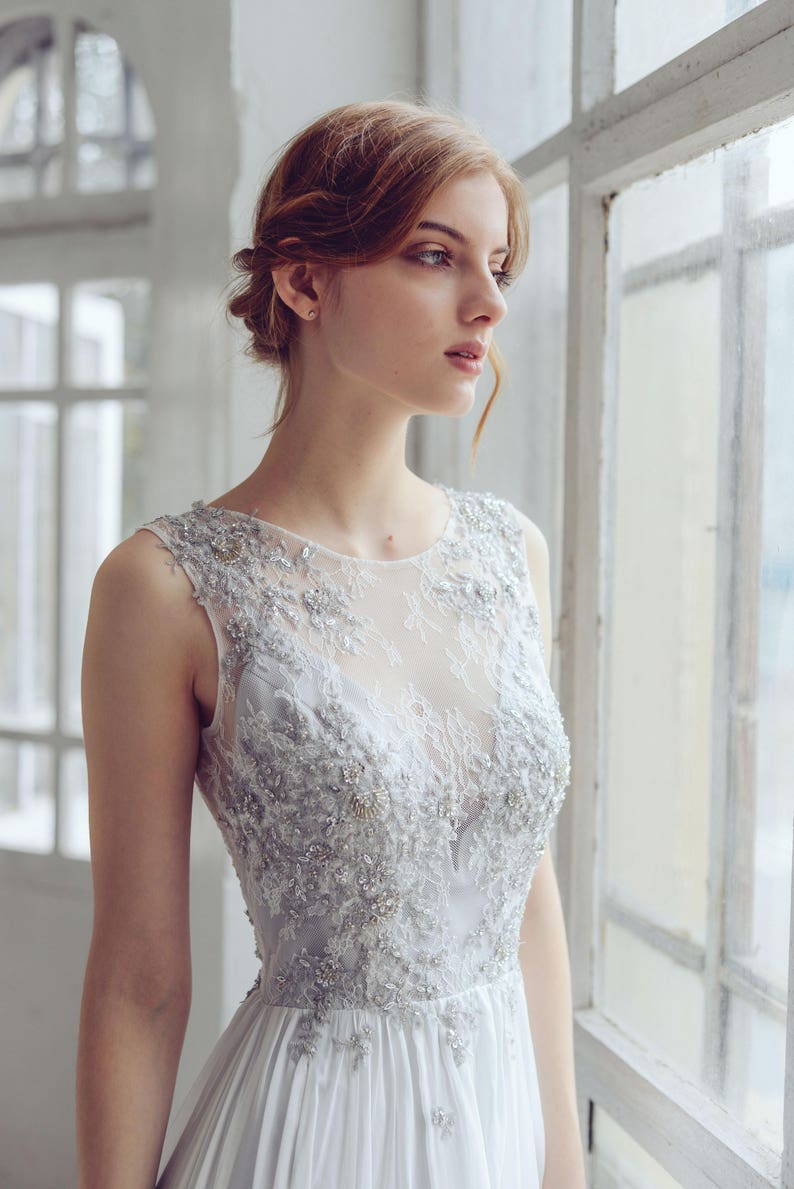 Silver gray wedding dress // Lobelia new/ Silk wedding gown, open back wedding dress, lace wedding dress, sleeveless bohemian bridal gown image 5
