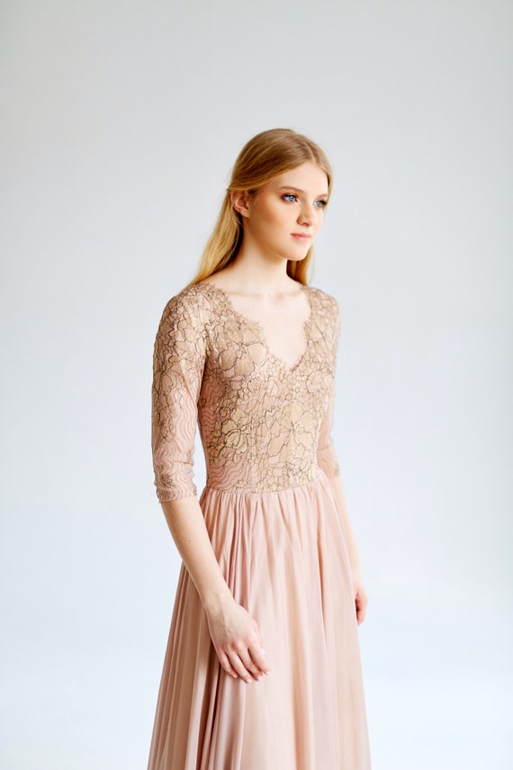 Beige lace dress with sleeves 2025