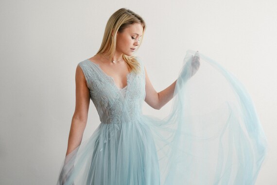 Ready to Ship Tulle Ball Gown Light Blue Evening Dress Lace