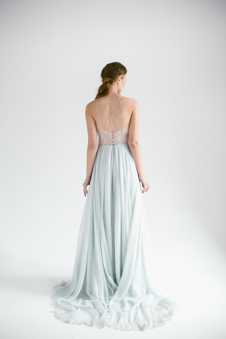 Ready to ship / Silk wedding dress // Melita / Open back wedding gown, halter-neck wedding dress with slit, boho wedding, gray wedding dress image 1