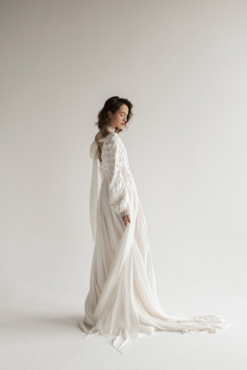 Ivory wedding dress, silk gown with open back and beading, slit, and long train, bohemian long sleeves bridal dress, Nieve by mywony bridal image 2