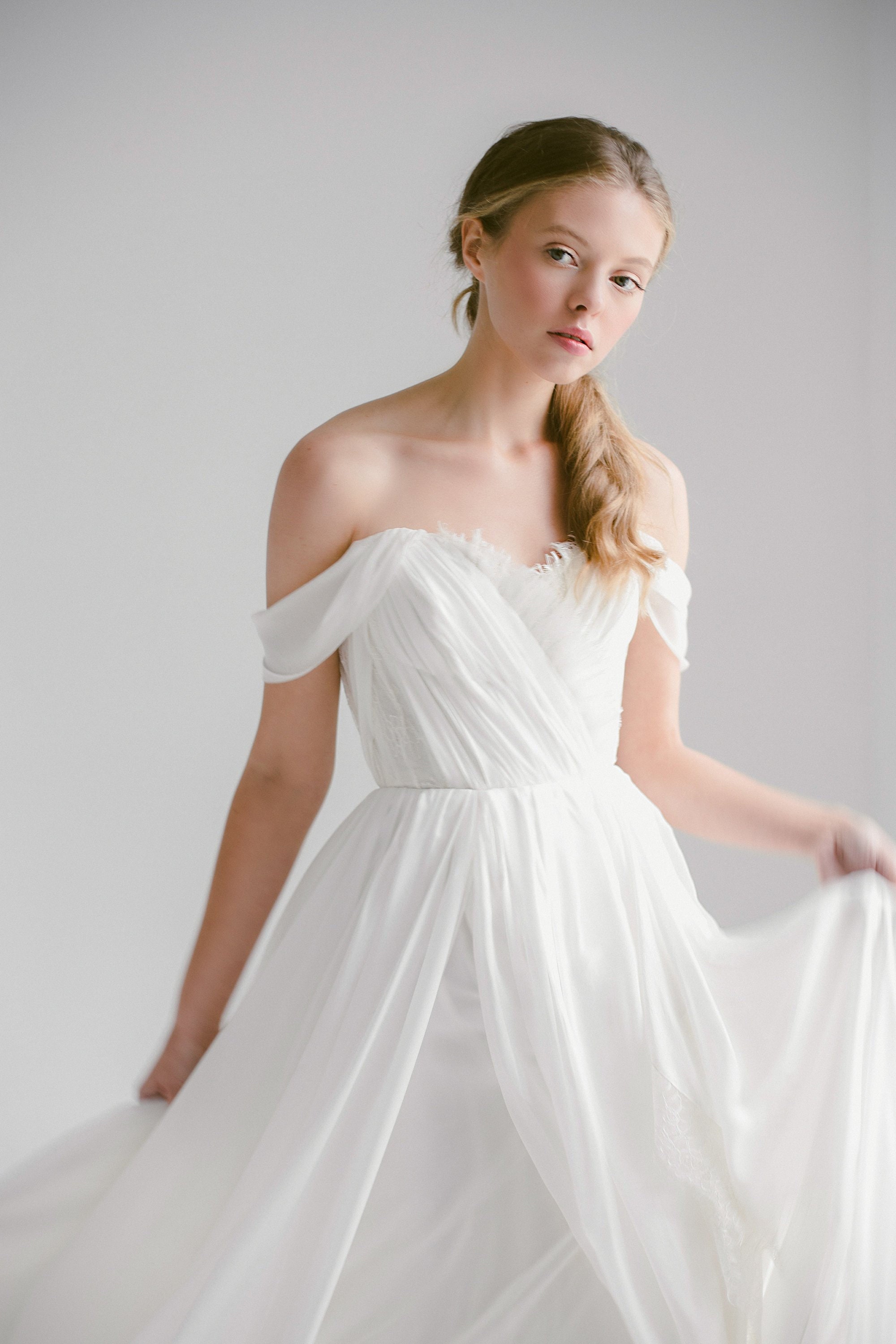 Off Shoulder Wedding Dress Aura Silk Wedding Gown Ivory Etsy