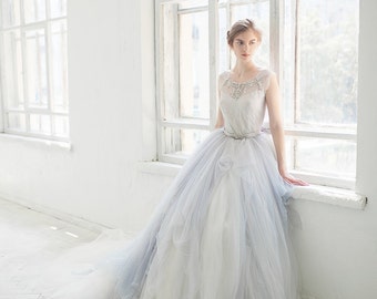 Tulle wedding gown // Gardenia /  icy gray wedding dress, silver grey lace dress, lace wedding dress, bridal separates, bohemian wedding