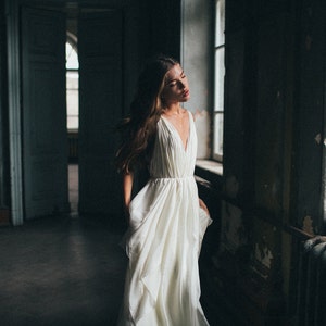 Silk wedding dress/ Amalthea/ Simple wedding gown, lace wedding dress, bohemian bridal gown, open back boho wedding dress image 3