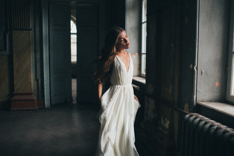 Silk wedding dress/ Amalthea/ Simple wedding gown, lace wedding dress, bohemian bridal gown, open back boho wedding dress image 3