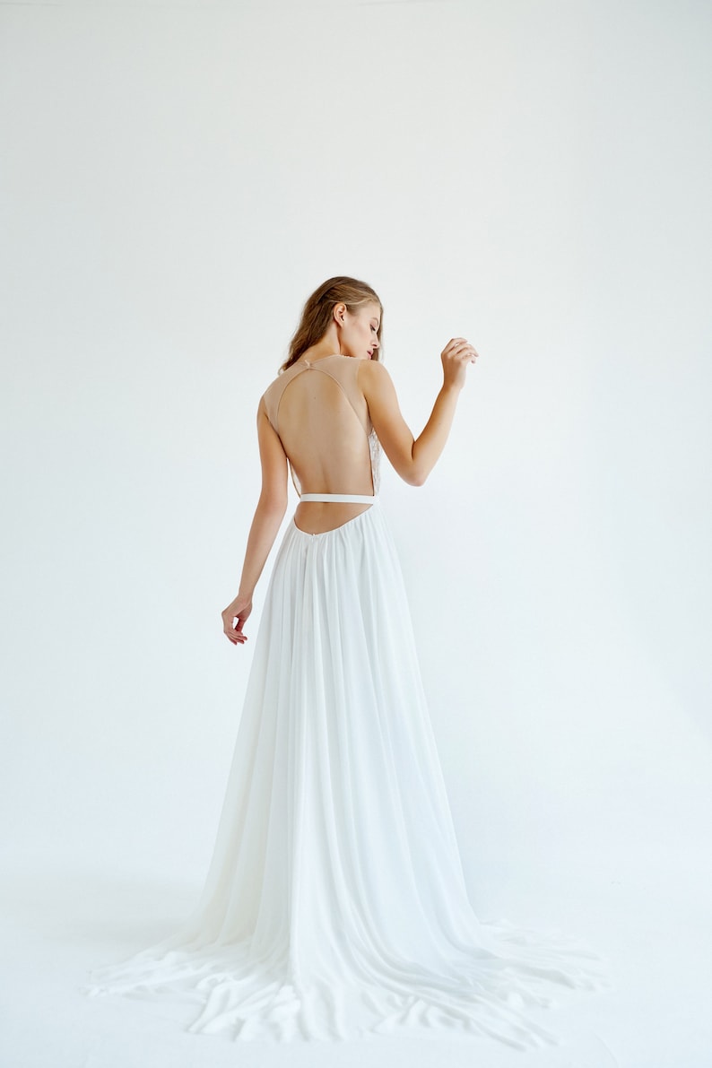 Lace and silk wedding dress// January/ silk wedding dress, ivory lace bridal gown, open back wedding dress, modern wedding dress, halterneck image 1