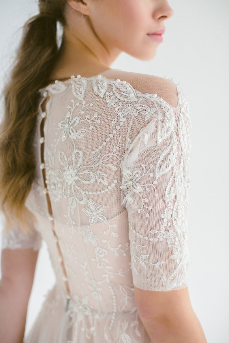 Lace wedding dress // Thalia / Tulle wedding gown, boat neckline wedding dress, modest bridal gown, buttons on back, classic wedding image 1