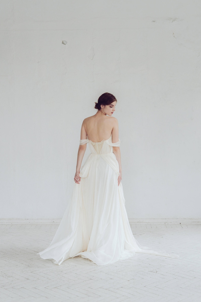 Off-shoulder wedding dress // Aura / Silk wedding gown, ivory bridal gown, slit dress, sweetheart corset wedding dress, bohemian wedding image 3