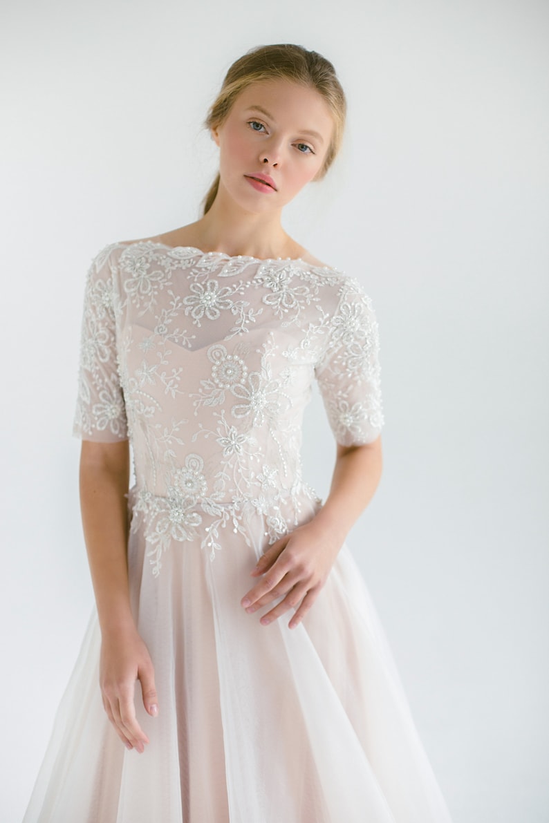 Lace wedding dress // Thalia / Tulle wedding gown, boat neckline wedding dress, modest bridal gown, buttons on back, classic wedding image 2