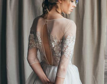 Open back wedding dress// Emilia/ Ivory silk wedding gown, summer boho wedding dress with slit, silver gray bridal gown with sleeves