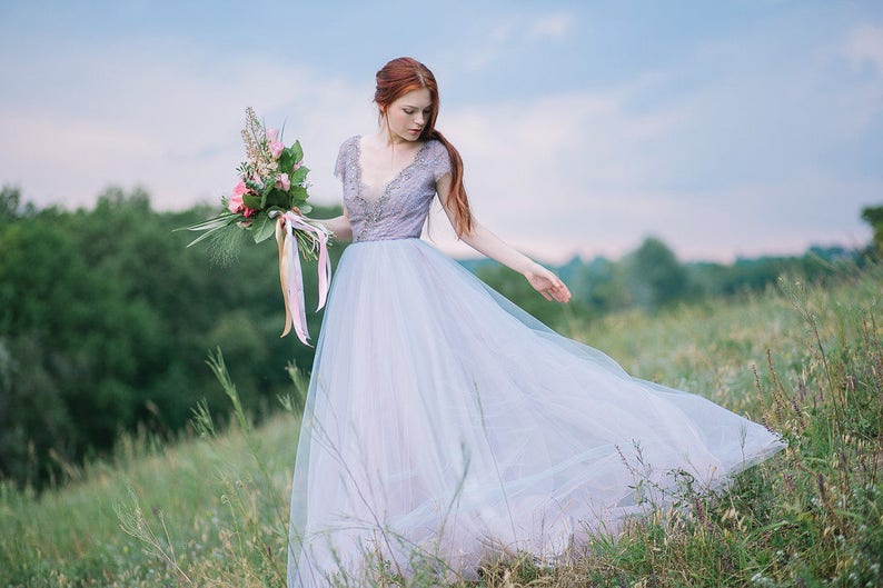 Tulle wedding dress // Lavanda / Lace wedding dress, cup sleeves bridal gown, alternative wedding, bohemian wedding gown, V neck dress image 1