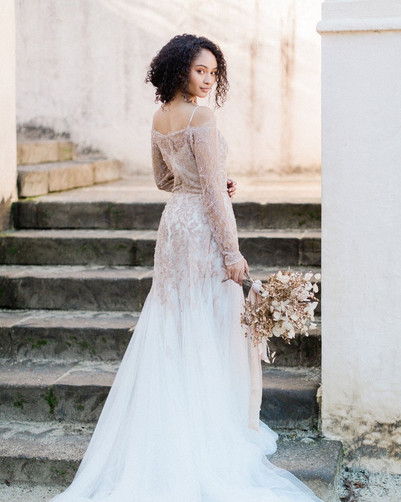 Lace and tulle wedding dress//November/ Blush-nude wedding dress, ivory tulle bridal gown, beaded wedding dress, mermaid skirt bridal dress image 1