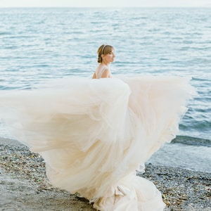 Tulle wedding dress // Calypso Daylight / Champagne tulle gown, hand embroidered lace top, bridal separates, open back wedding dress image 5