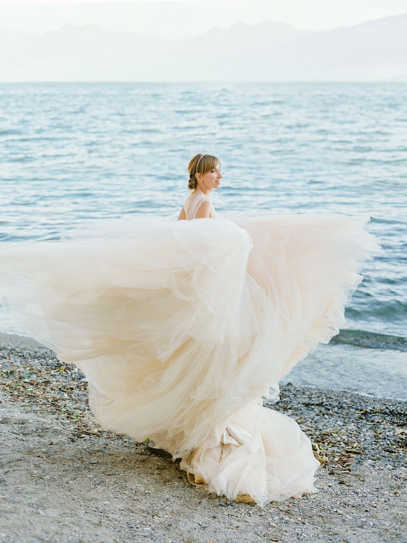 Tulle wedding dress // Calypso Daylight / Champagne tulle gown, hand embroidered lace top, bridal separates, open back wedding dress image 5