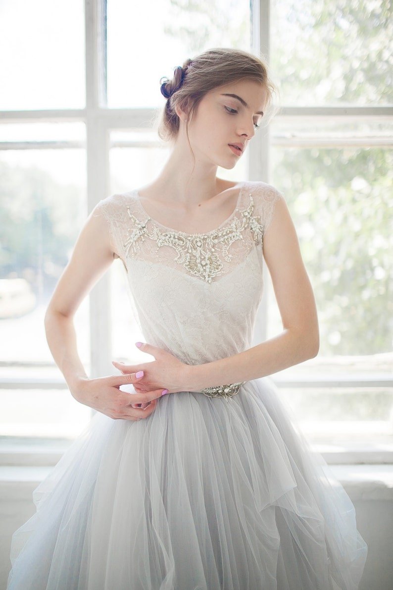 Tulle wedding gown // Gardenia / icy gray wedding dress, silver grey lace dress, lace wedding dress, bridal separates, bohemian wedding image 5