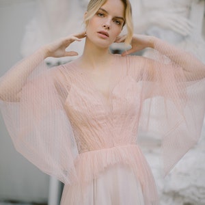 Blush wedding dress // Liquorice Sunrise / Tulle bridal gown, pleated mesh top, long silk chiffon skirt with long train, boho styled wedding image 7