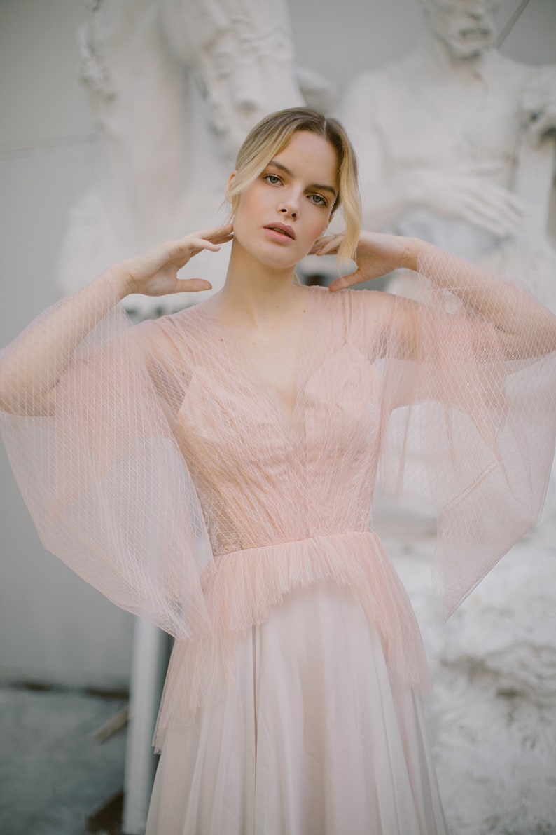 Blush wedding dress // Liquorice Sunrise / Tulle bridal gown, pleated mesh top, long silk chiffon skirt with long train, boho styled wedding image 7