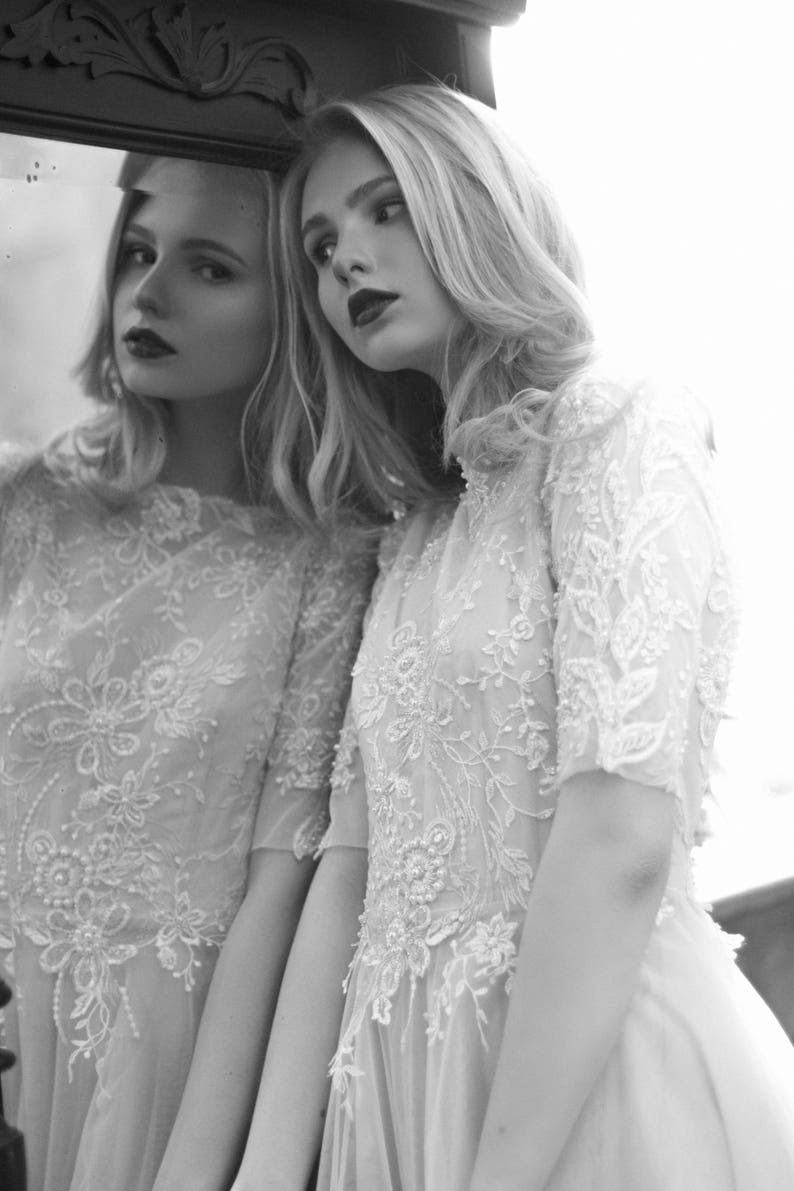 Lace wedding dress // Thalia / Tulle wedding gown, boat neckline wedding dress, modest bridal gown, buttons on back, classic wedding image 10