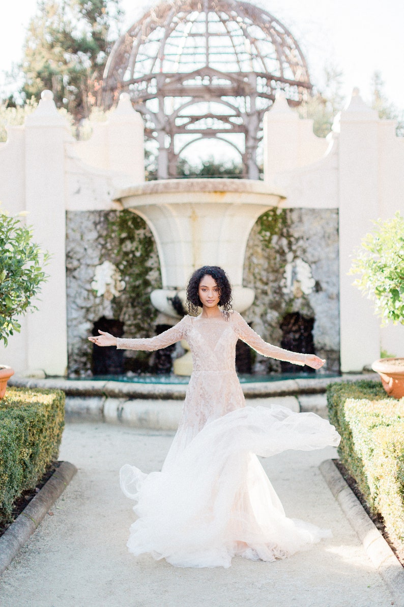 Lace and tulle wedding dress//November/ Blush-nude wedding dress, ivory tulle bridal gown, beaded wedding dress, mermaid skirt bridal dress image 9