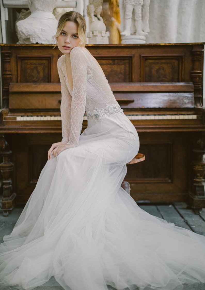 Ivory lace wedding dress // Silent Waterfall / Tulle bridal gown, V-neckline, hand embroidery, deep open back, mermaid skirt, long train image 6