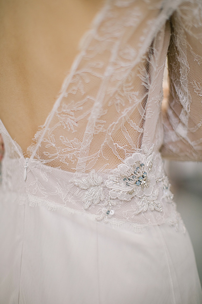 Ivory lace wedding dress // Silent Waterfall / Tulle bridal gown, V-neckline, hand embroidery, deep open back, mermaid skirt, long train image 9