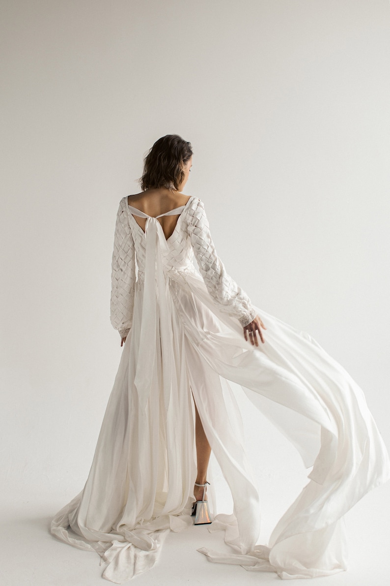 Ivory wedding dress, silk gown with open back and beading, slit, and long train, bohemian long sleeves bridal dress, Nieve by mywony bridal image 4