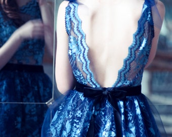 Blue lace evening dress, open back dress, only one size