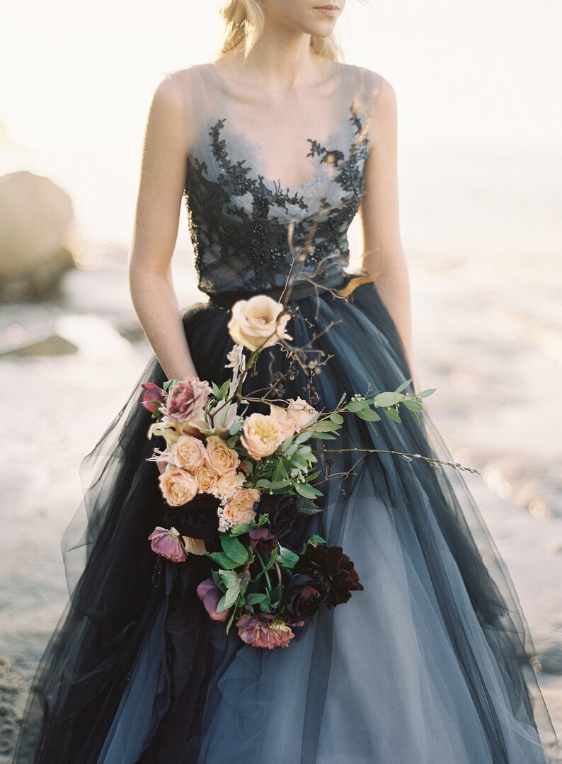 Black tulle wedding dress, Calypso Nightfall, Tulle bridal gown, ball gown, bridal separates, beaded lace wedding top, prom dress, mywony image 2