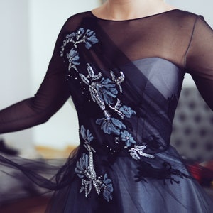 Ready to ship/ Little black tulle dress // Phaeno / V-back evening dress, knee-length party dress, black lace prom dress, reception dress image 2