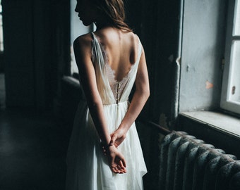 Silk wedding dress/ Amalthea/ Simple wedding gown, lace wedding dress, bohemian bridal gown, open back boho wedding dress