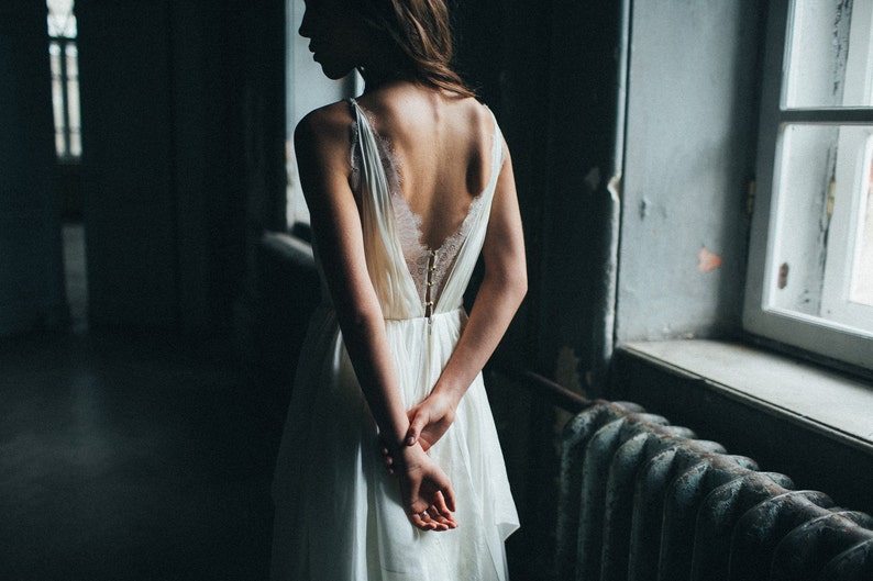 Silk wedding dress/ Amalthea/ Simple wedding gown, lace wedding dress, bohemian bridal gown, open back boho wedding dress image 1