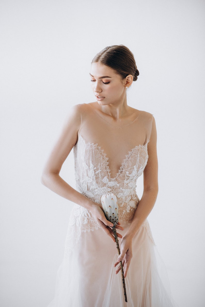 Lace and tulle wedding dress// June/ ivory wedding dress, ivory lace bridal gown, open back wedding dress, mermaid skirt bridal dress image 1