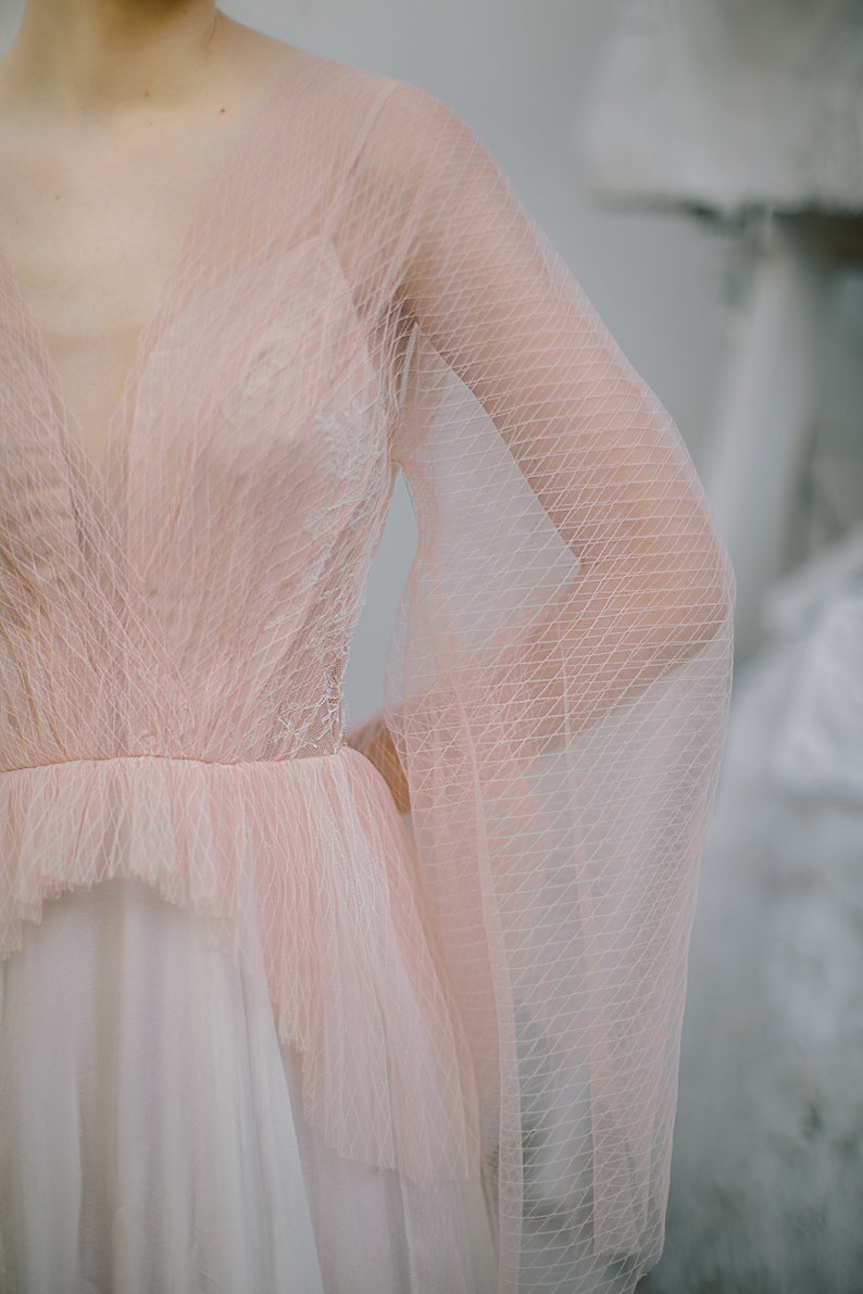 Blush wedding dress // Liquorice Sunrise / Tulle bridal gown, pleated mesh top, long silk chiffon skirt with long train, boho styled wedding image 3