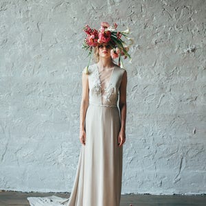 Simple silk wedding dress // Camille/ Open back bridal gown, V neckline wedding gown, sleeveless beige wedding dress, boho style image 5