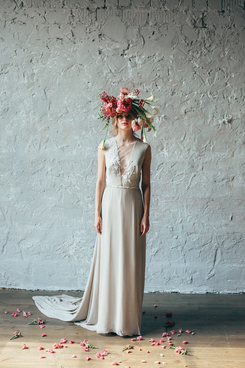 Simple silk wedding dress // Camille/ Open back bridal gown, V neckline wedding gown, sleeveless beige wedding dress, boho style image 5