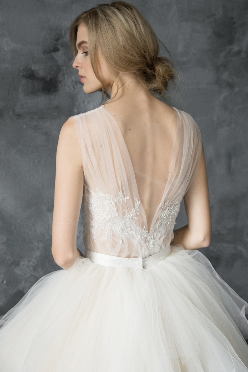 Tulle wedding dress // Calypso Daylight / Champagne tulle gown, hand embroidered lace top, bridal separates, open back wedding dress image 10