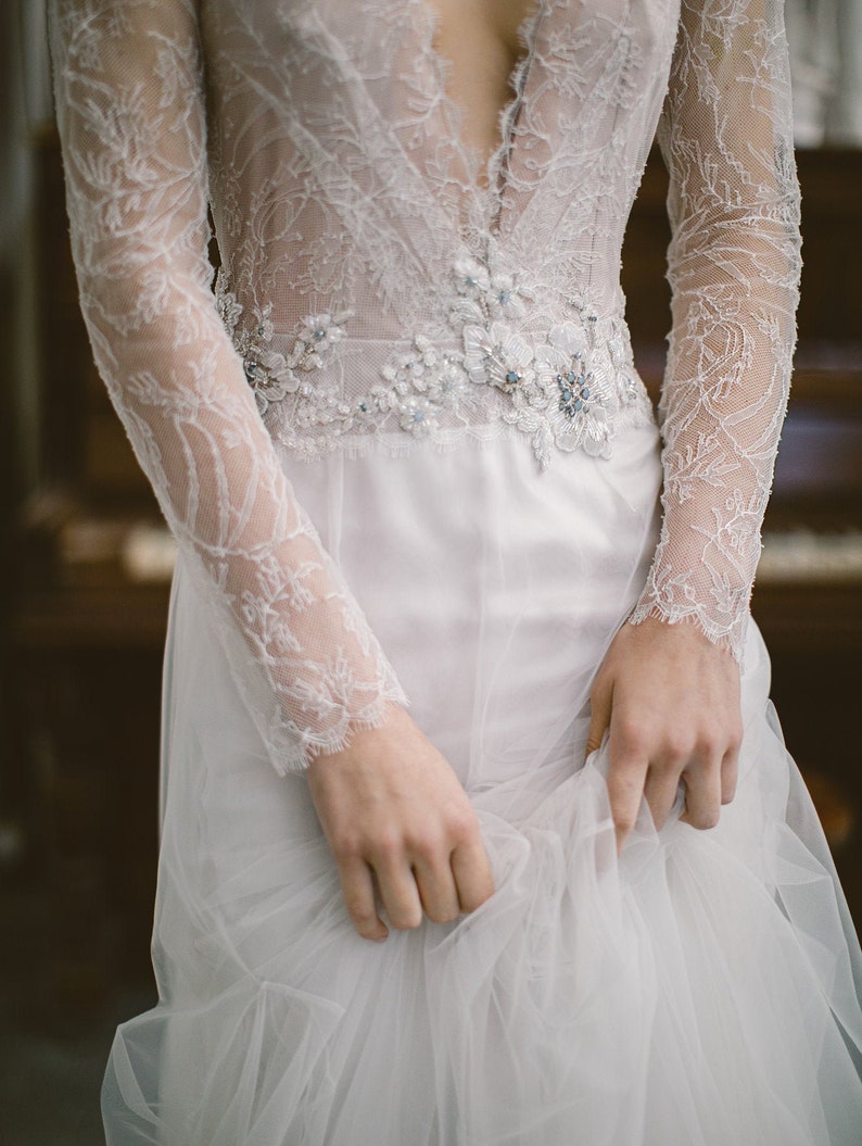 Ivory lace wedding dress // Silent Waterfall / Tulle bridal gown, V-neckline, hand embroidery, deep open back, mermaid skirt, long train image 7