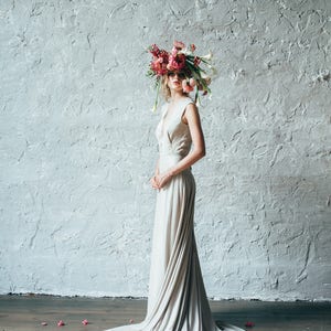 Simple silk wedding dress // Camille/ Open back bridal gown, V neckline wedding gown, sleeveless beige wedding dress, boho style image 7