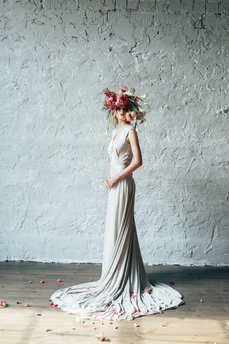 Simple silk wedding dress // Camille/ Open back bridal gown, V neckline wedding gown, sleeveless beige wedding dress, boho style image 7