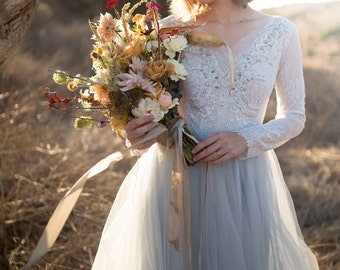 Tulle wedding gown, icy gray wedding dress, lace and tulle bridal gown, beaded lace dress, long sleeves, V-neckline wedding gown //Orchidee