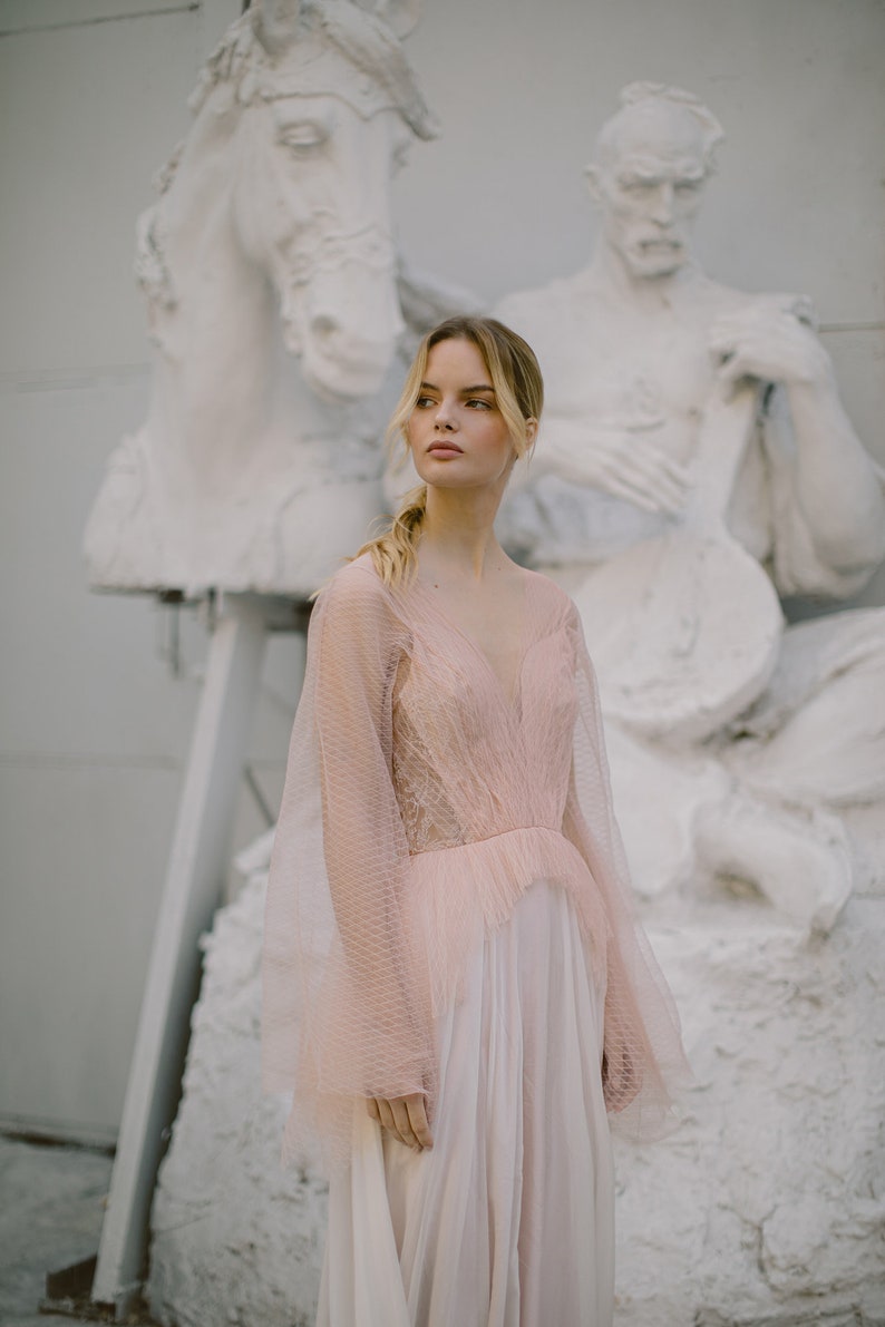 Blush wedding dress // Liquorice Sunrise / Tulle bridal gown, pleated mesh top, long silk chiffon skirt with long train, boho styled wedding image 5